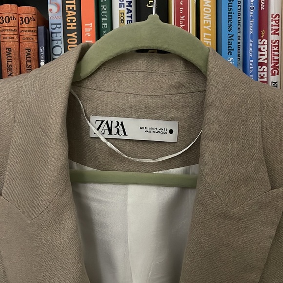 ZARA STRAIGHT CUT LINEN BLAZER OVERSIZED BOYFRIEND STYLE JACKET TAN SIZE MEDIUM - Picture 2 of 7